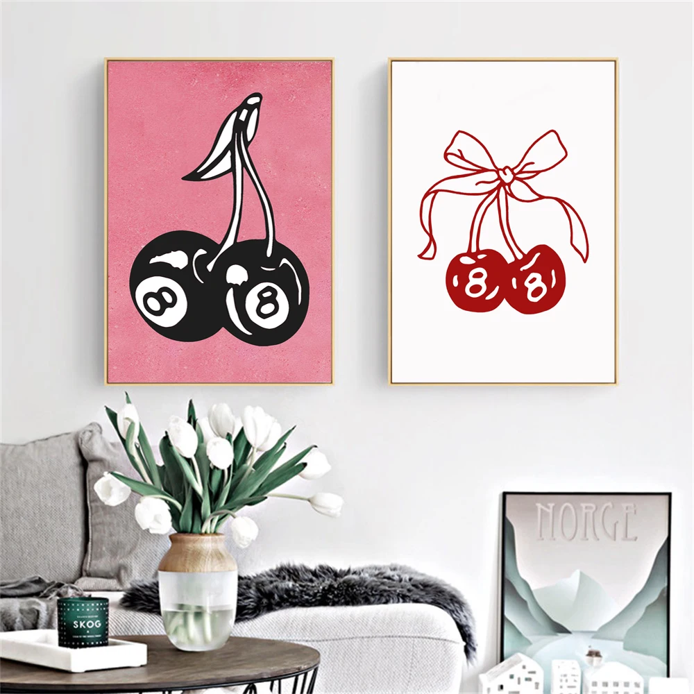 

Retro 8 Ball Lucky Cherries Print Trendy Wall Art Canvas Poster Bow Coquette Aesthetic Poster Funky Girl Bedroom Home Decor