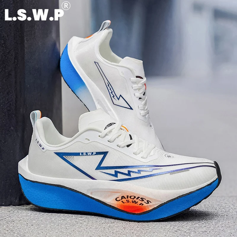 Professional Racing Training Running Shoes for Men and Women, Fly-Knit Breathable Mesh Sports Shoes, Thick-Soled Soft Elastic Midsole, Lace-Up Running Shoes, Non-Slip, Wear-Resistant Marathon Long-Distance Running Shoes, Student Outdoor Fitness Sports Shoes, Multi-Color Couple Running Shoes