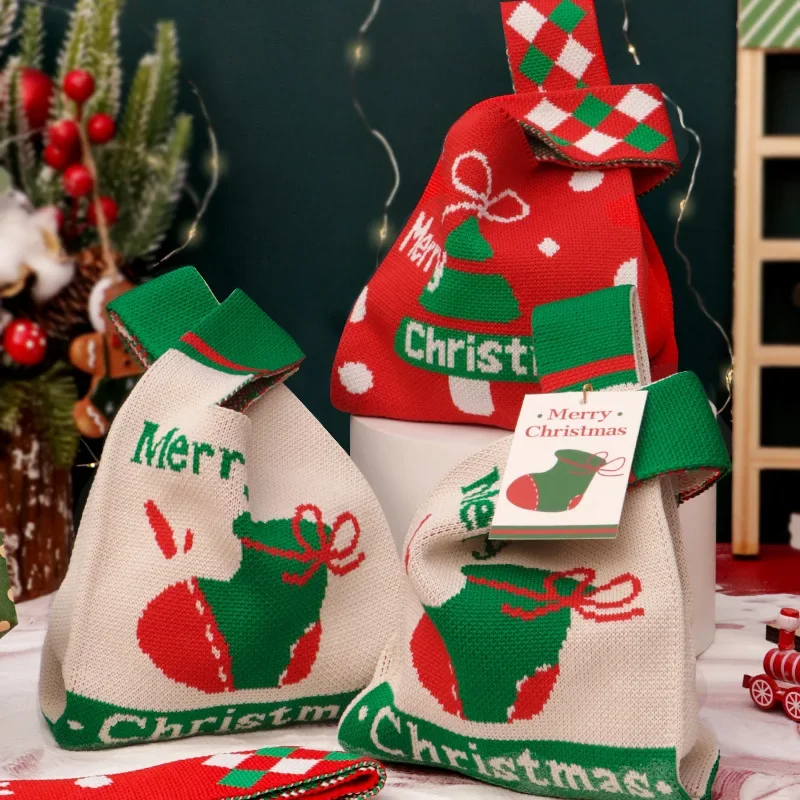 Christmas Canvas Bags Knitted Cartoon Santa Claus Snowman Candy Gifts Drawstring Bag for Xmas Party Packaging Storage Pouches