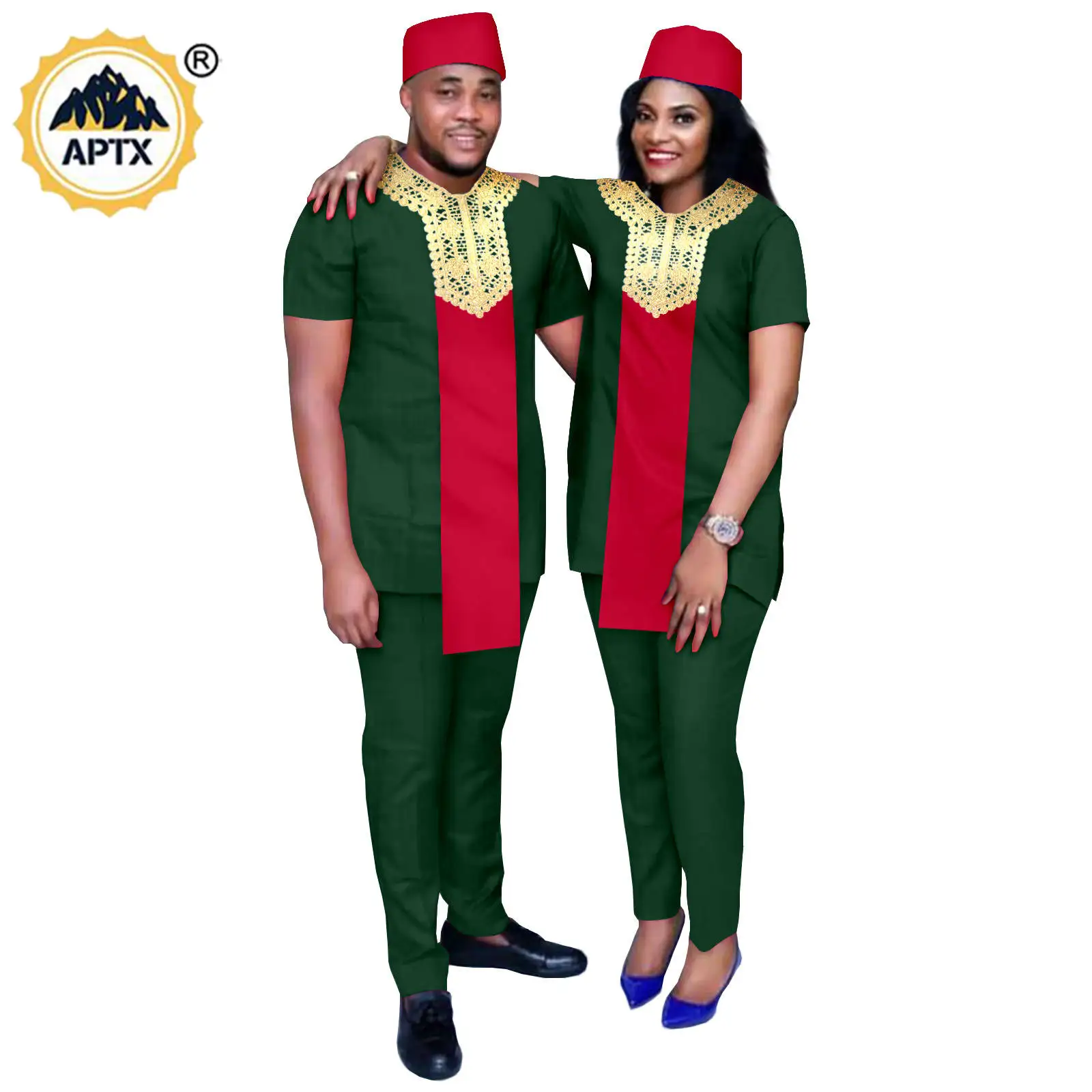 

African Clothes Matching Couple Outfits Dashiki Men Hat Top and Pant Sets Bazin Riche Traditional Wear Wedding Suits 24C011