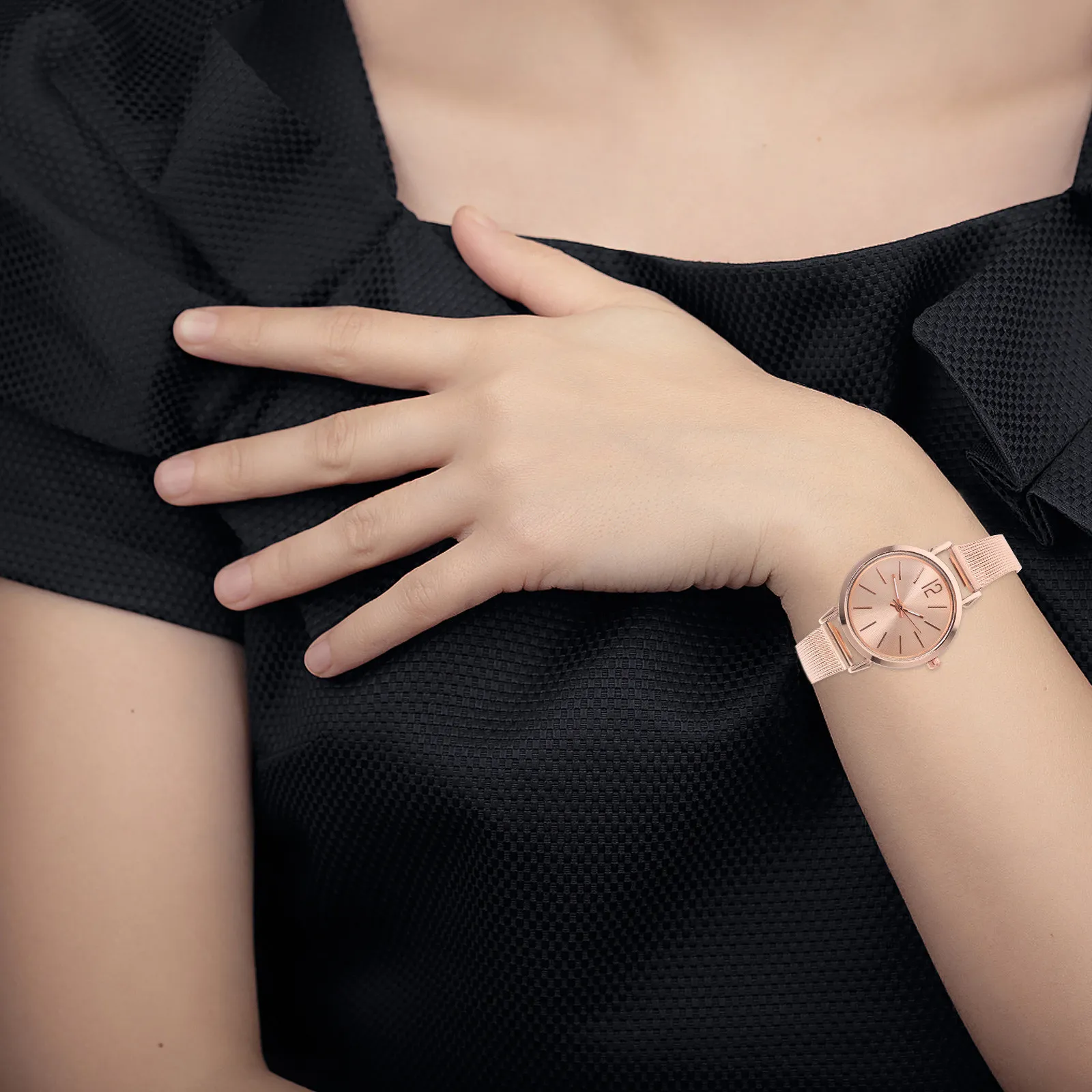 Rosy Gold Women Quartz Watch with Alloy Case and Mesh Belt Stylish Elegant Fashion Wristwatch for Mother's Day Wedding