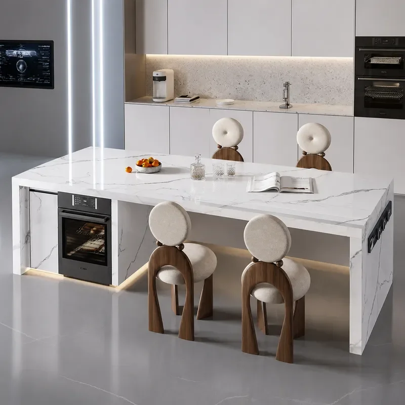 Cream Wind Flush Rock Slab Island Table Bar Integrated Kitchen High End Separate Middle Table