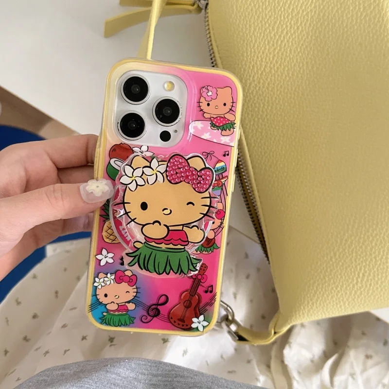 

Новая гавайская черная меховая юбка Hellokittys Apple 16promax с магнитной подставкой для телефона 14pro IPhone 15/16pro, защитный чехол для мобильного телефона