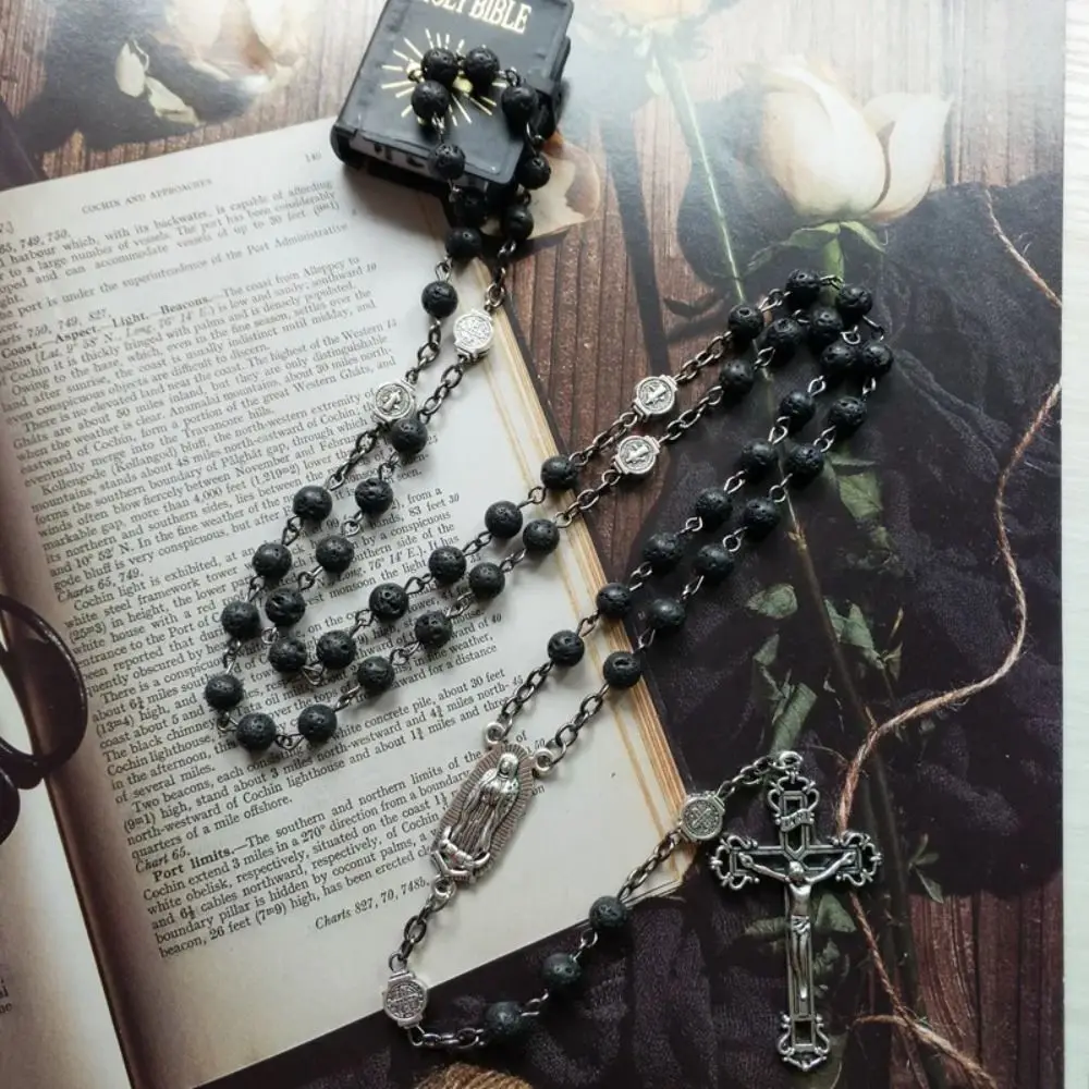 Volcanic Stone Cross Chain Vintage Catholic Black Gallstone Rosary Necklace Our Lady Durable Crucifix Pendant Chain