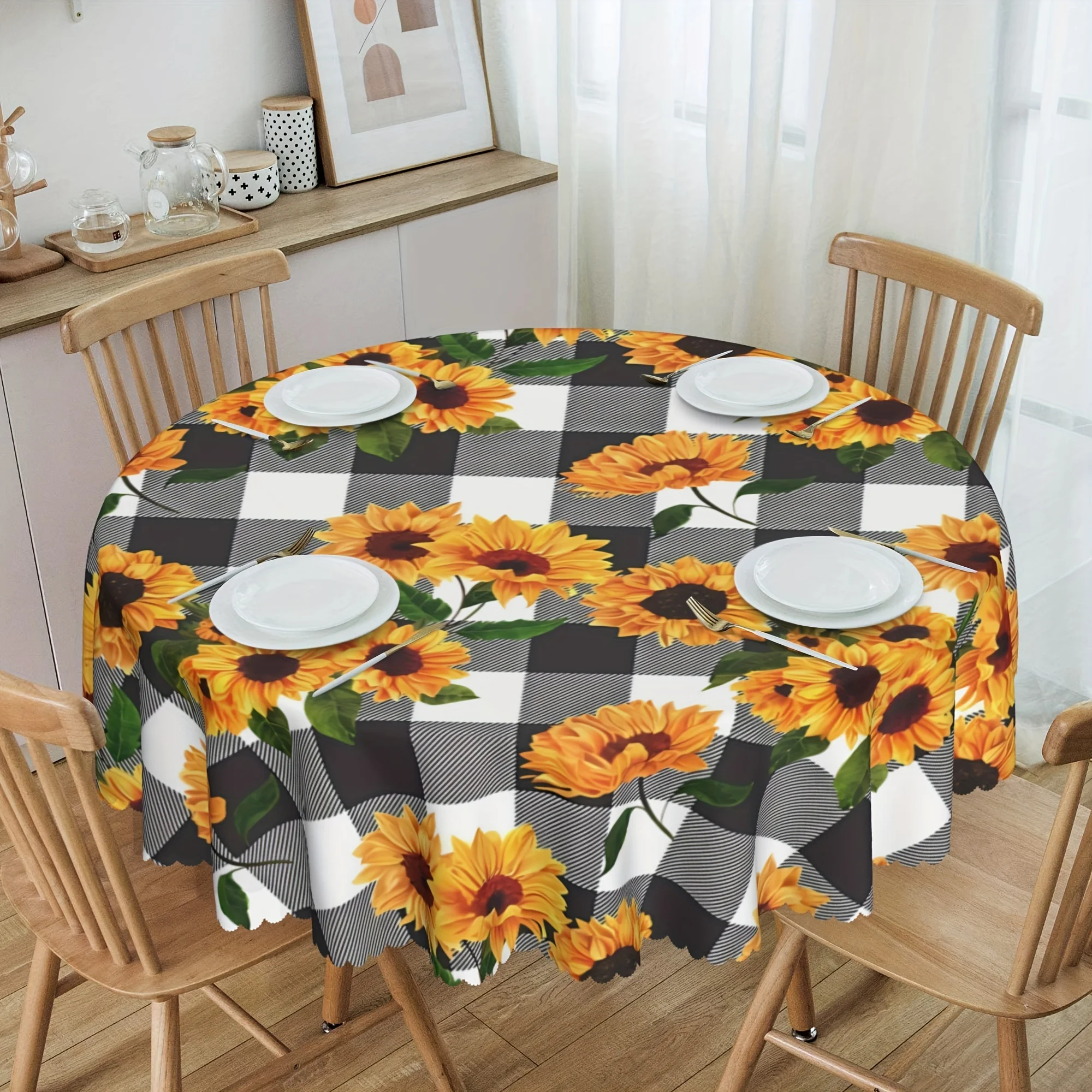 

Sunflower Print Home Living Room Kitchen Round Dustproof Tablecloth Outdoor Holiday Party Dinner Table Decoration Accessories