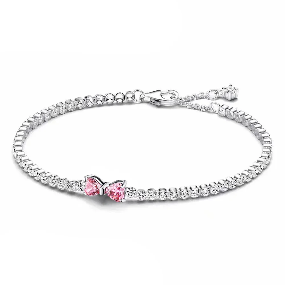 2026 Valentine New 925 Silver Pink Bow Full Diamond Bracelet Original 17-20CM Fit DIY Charm Women Birthday Jewelry Gifts