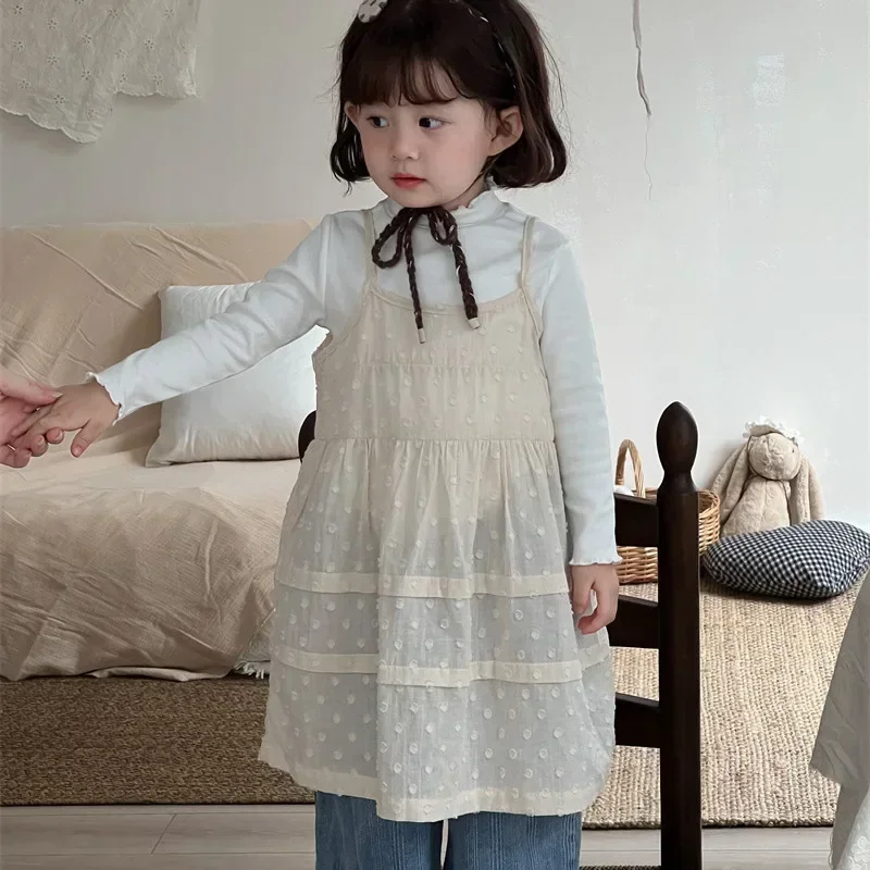 Girls Skirts 2024 Autumn New Childrens Wear Korean Girl Baby Splicing Sleeveless Polka Dot Pleated Halter Dress Leisure Simple