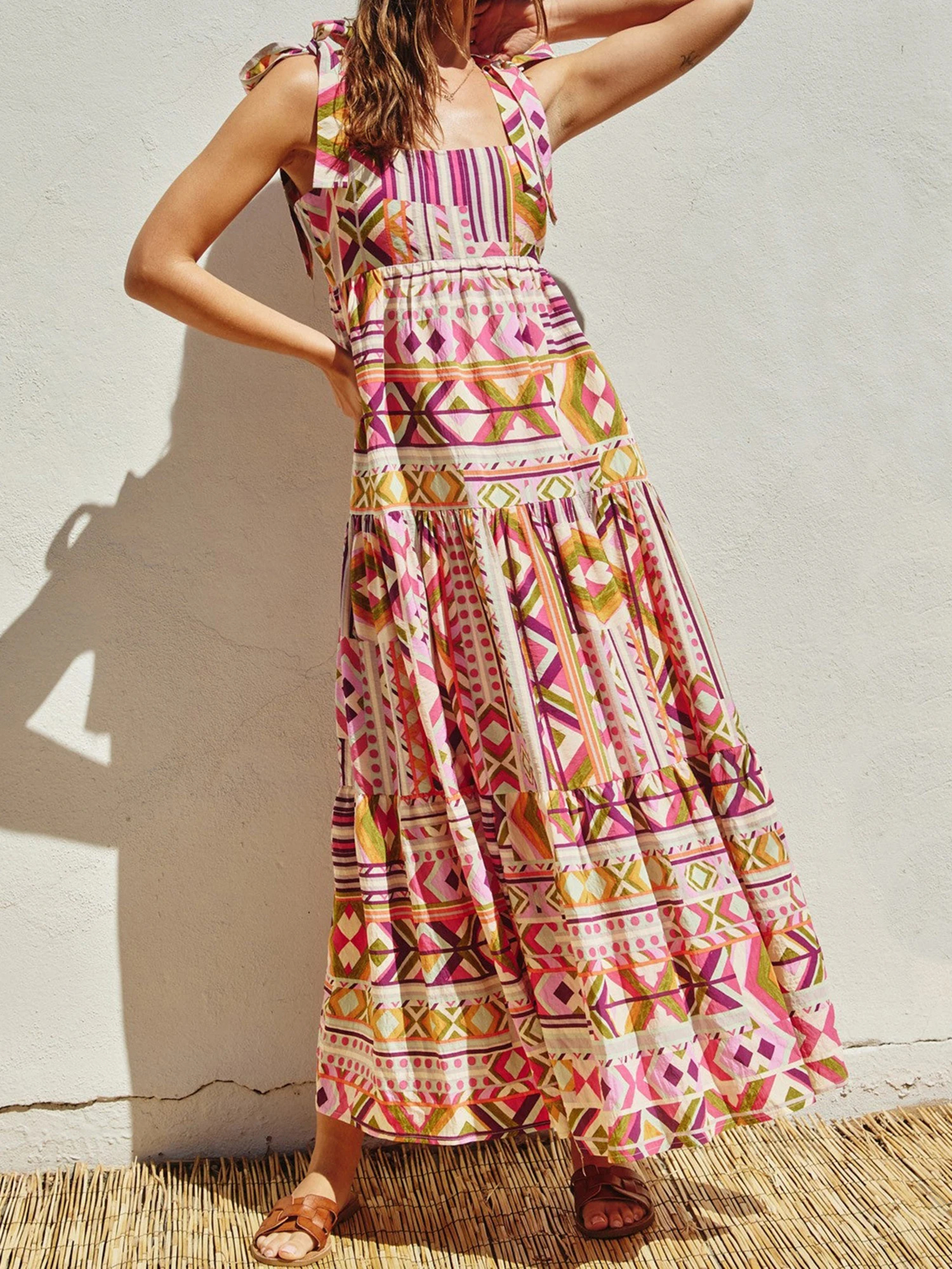 여성 여름 긴 캐미 드레스 민소매 타이 어깨 스퀘어 넥 Boho 패턴 프린트 비치 드레스