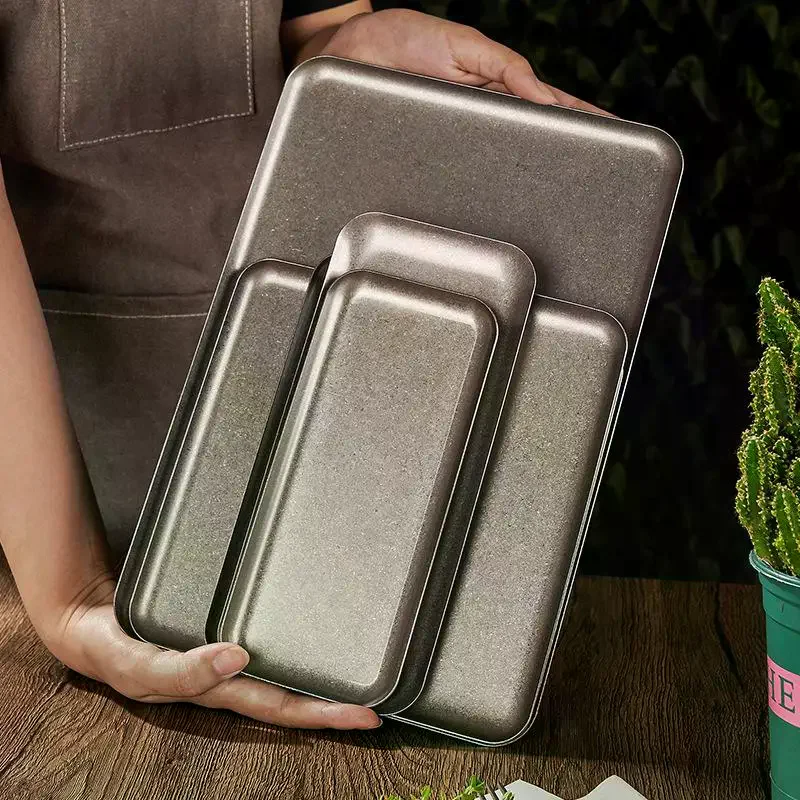Vintage 304 Stainless Steel Snowflake Silver Square Tray Round Edge Dinner Plate Dessert Grill Tray Steak Plate Decorative Tray