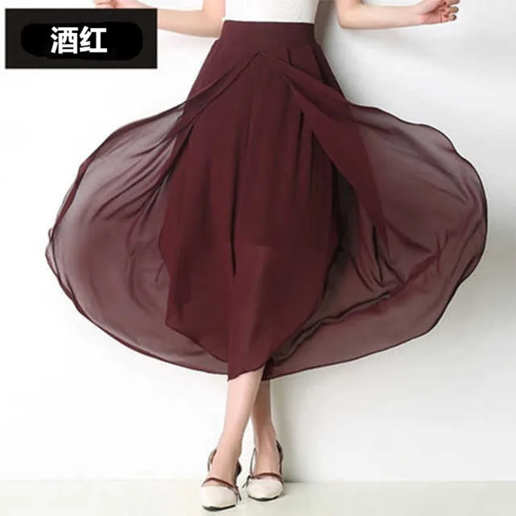 ชีฟองสีทึบกางเกงขากว้างเก้าส่วนแฟชั่นฤดูร้อนใหม่เอวสูงสบายๆเส้นด้ายตาข่ายบางกางเกงหลวมสําหรับผู้หญิง