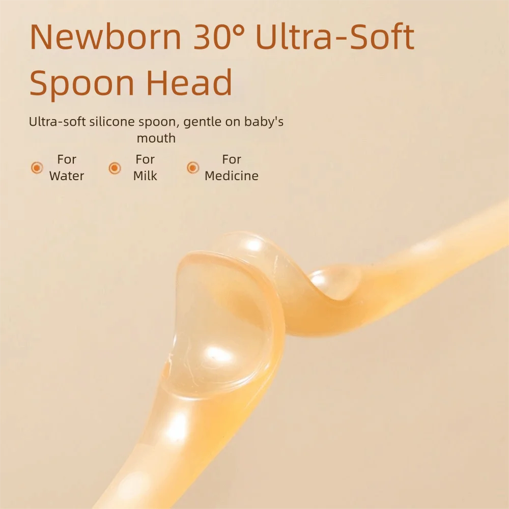 Colher de bebê de silicone macio, fácil limpeza, design seguro, colher de desmame, tamanho mini, capa à prova de poeira, colher ergonômica, uso portátil
