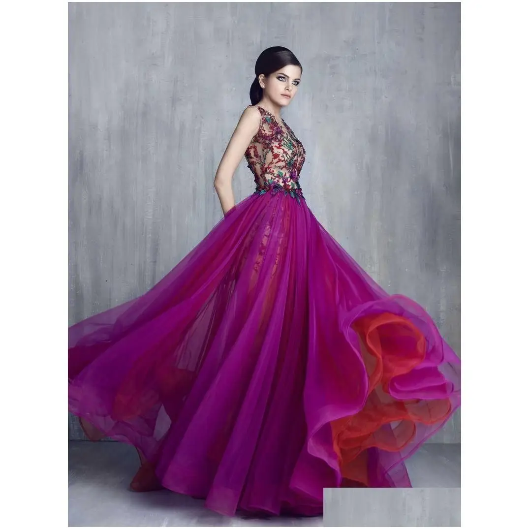 New Formal Evening Dresses A Line Jewel Sleeveless Floor-Length Sweep Train Applique Tulle Sexy Back Illusion