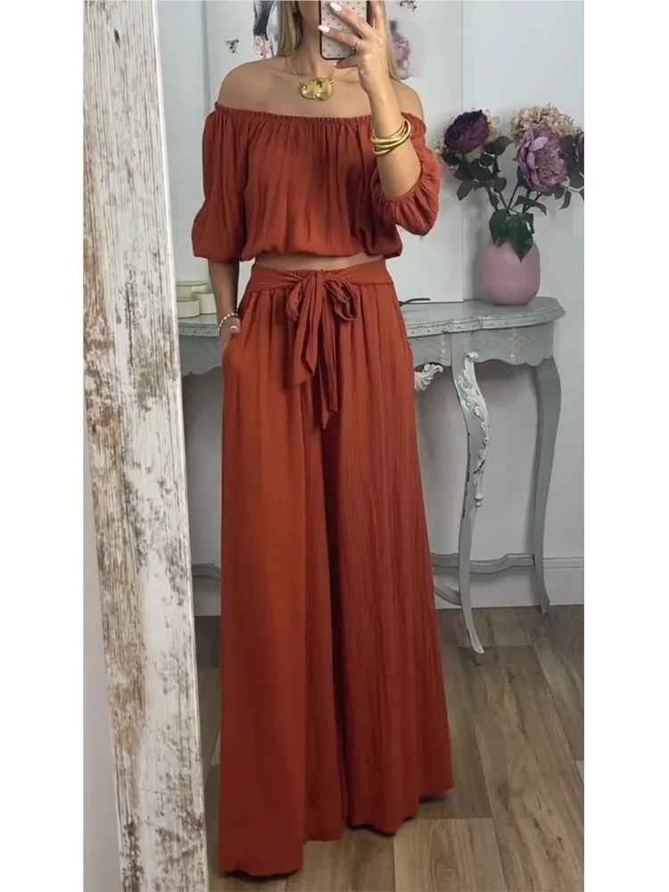 

Fashion One-length Three-quarter Sleeve Short Top + Wide-leg Pants 2-piece Set For Women Elegant Solid Color Strap Suits Female