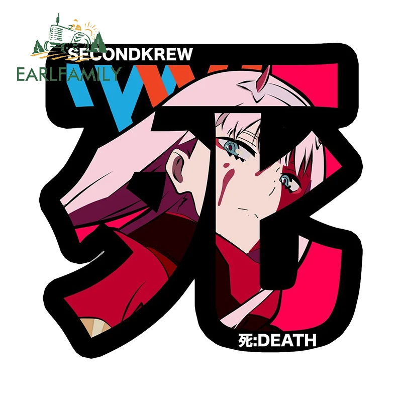 

EARLFAMILY 13cm x 12.7cm Zero Two Fanart Death Word Car Sticker Anime Peek Waterproof Decal Creative Laptop Scratch-Proof Decor