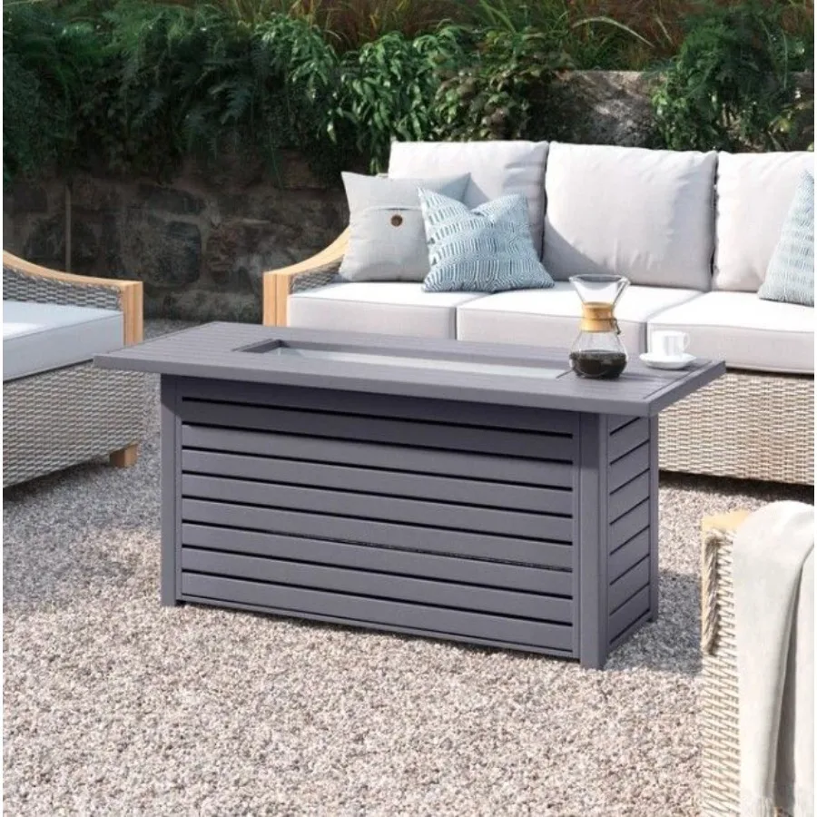 Outdoor fire pit table for propane/natural gas use, steel construction, black finish, includes lid for safety and versatility