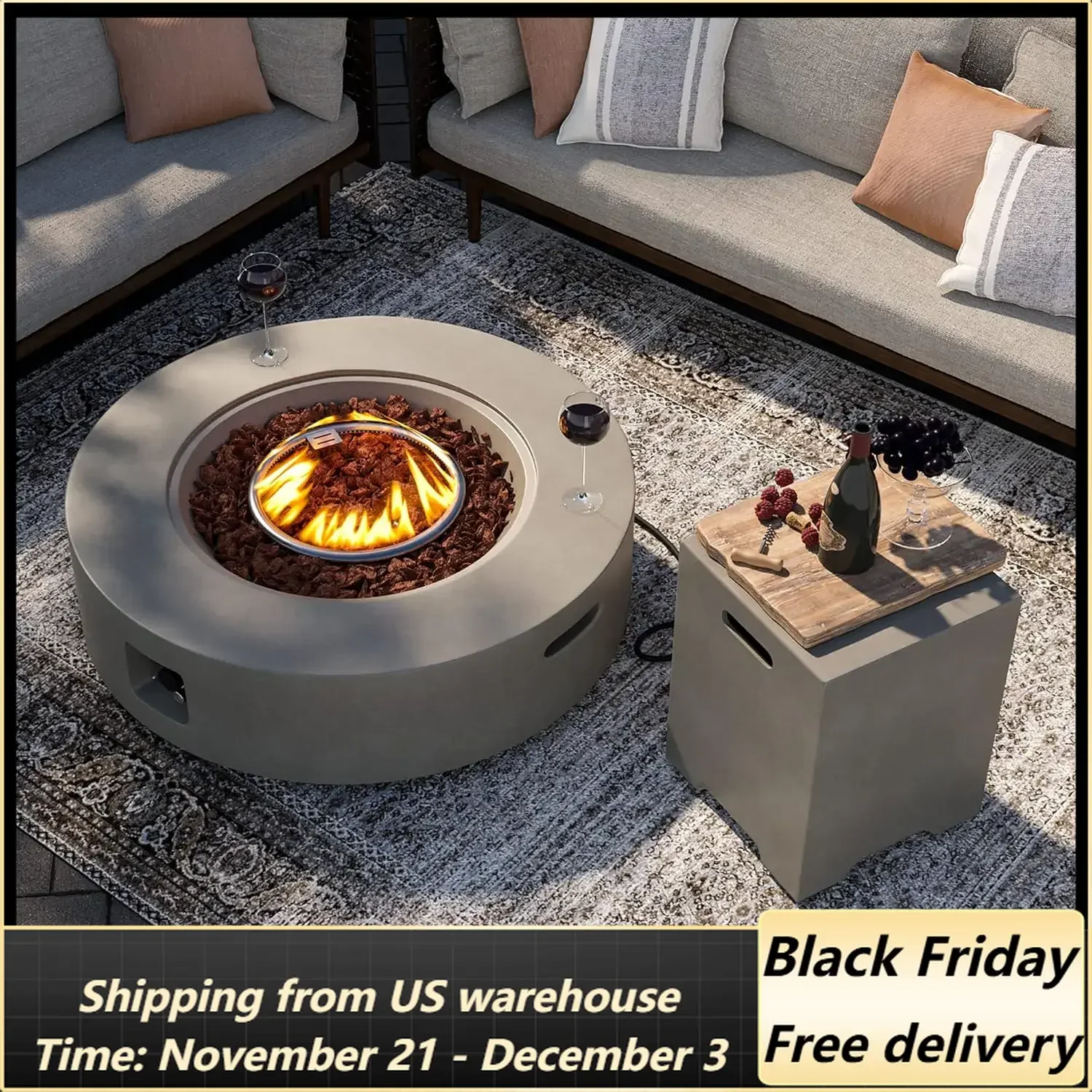 Outdoor 42 Inch Propane Fire Pit Table, Circular Gray Patio Fire Table 50,000 BTU w 20 lbs Tank Cover, Waterproof Cover,