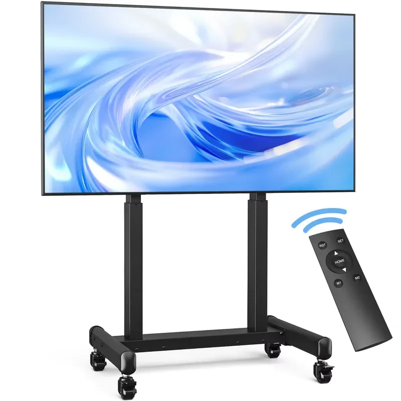 Electric TV Stand Mobile Floor Cart with Wheels Height Adjustable Rolling Base for 32 to 100 Inch Screens Heavy Duty Remote