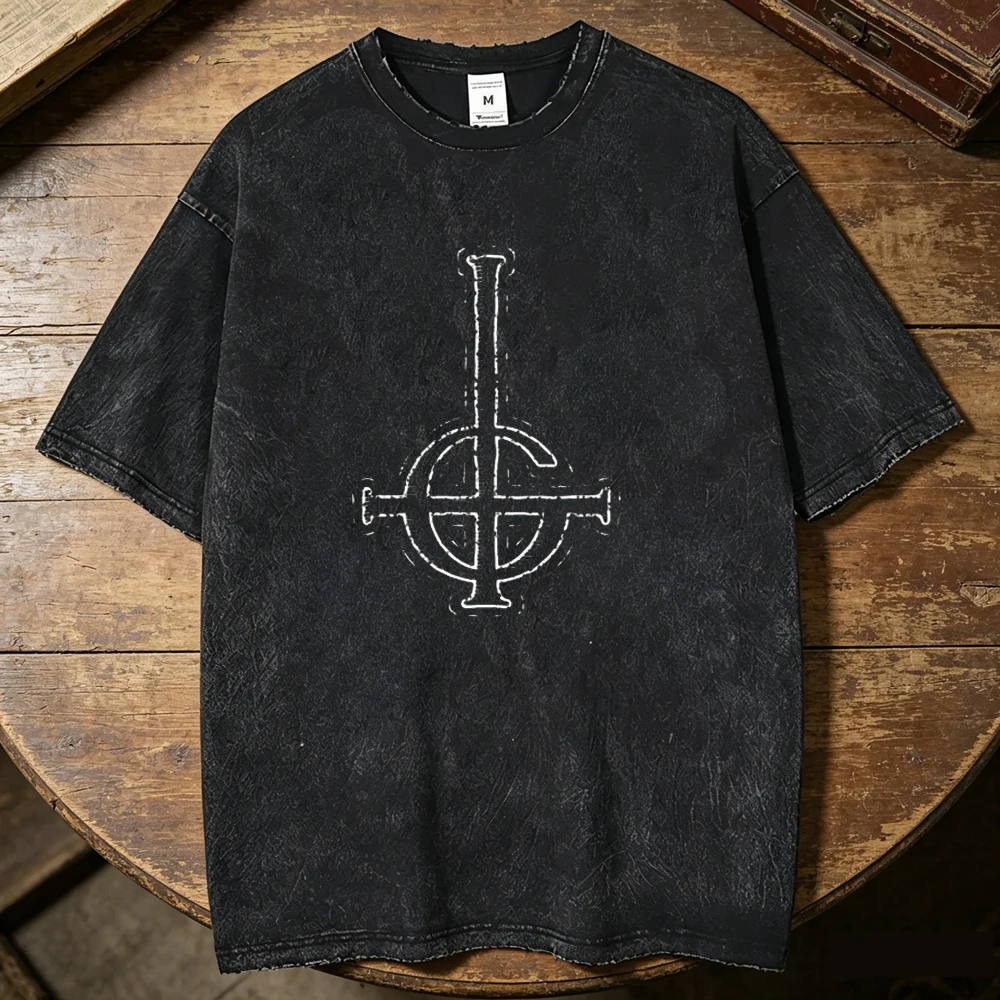 Ghost Band Vintage Washed cotton t shirt men Classic University Retro aesthetic Grunge tshirt Breathable Y2k Classic hip hop