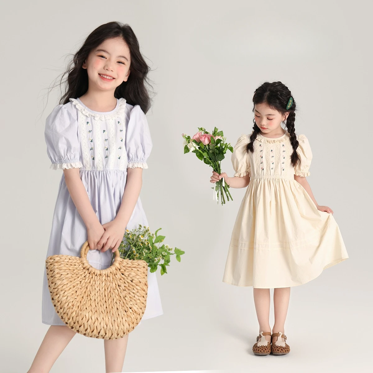 

Girls Skirt Puff Sleeve Lace Girls Dress Breathable 2024 Summer New Embroidery Gentle Wind Girls Dress Simple Casual Skirt