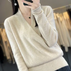 Hot Sale Autumn Winter Women 100% Merino Wool Sweater Female V-Neck Long Sleeve Pullover Ladies Fashion Knit Jumper Girl Tops