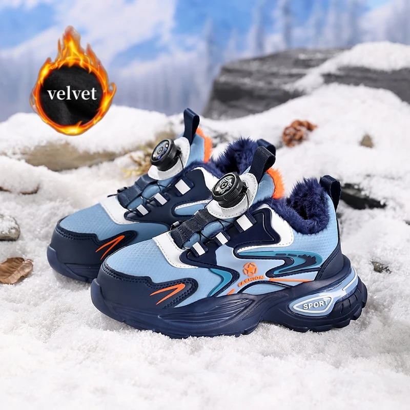 

Зимние плюшевые детские кроссовки, уличные теплые бархатные детские кроссовки, кроссовки для мальчиков, модная детская спортивная обувь с вращающейся пряжкой