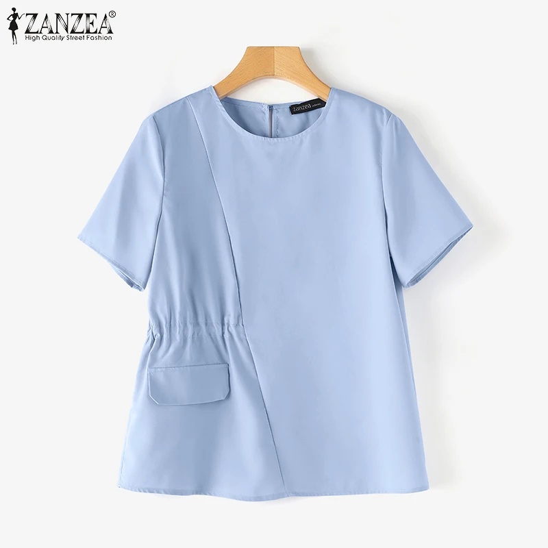 ZANZEA Women Summer Blouse Korean Fashion Short Sleeve Round Neck Tunics Casual Pleats Waisted Tops Casual Simple 2024 Blusas