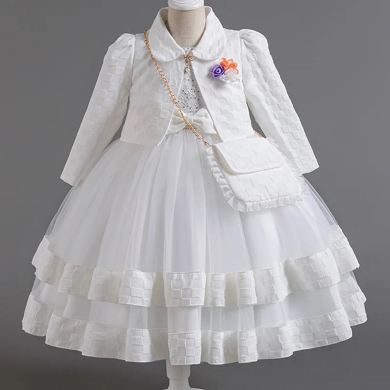 

Girl's long sleeved two-piece dress, flower girl princess dress, piano hosting costume