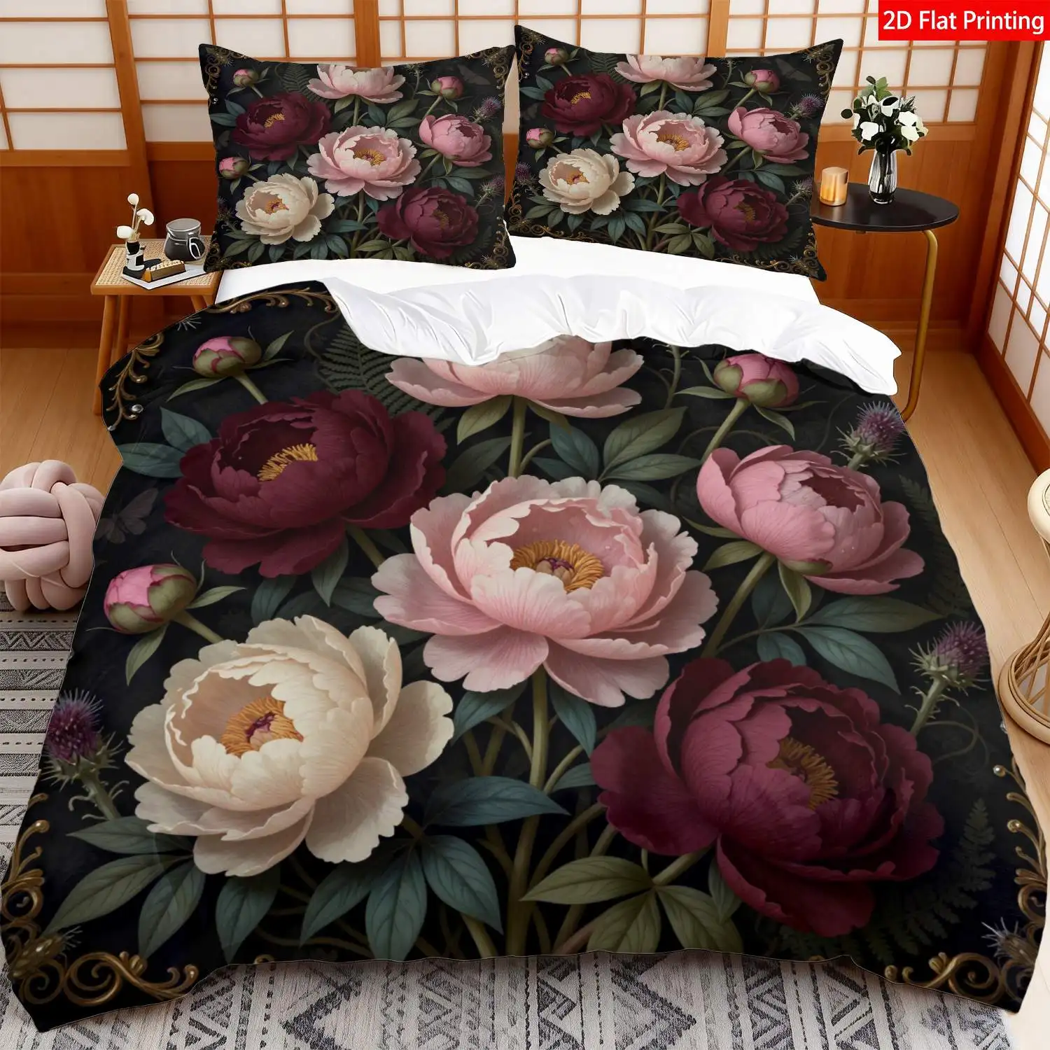 Garden Floral Peony Duvet Cover Botanical Flower Bedding Set Pastoral Farmhouse Style Comforter Cover Flower Cottagecore Bed Set