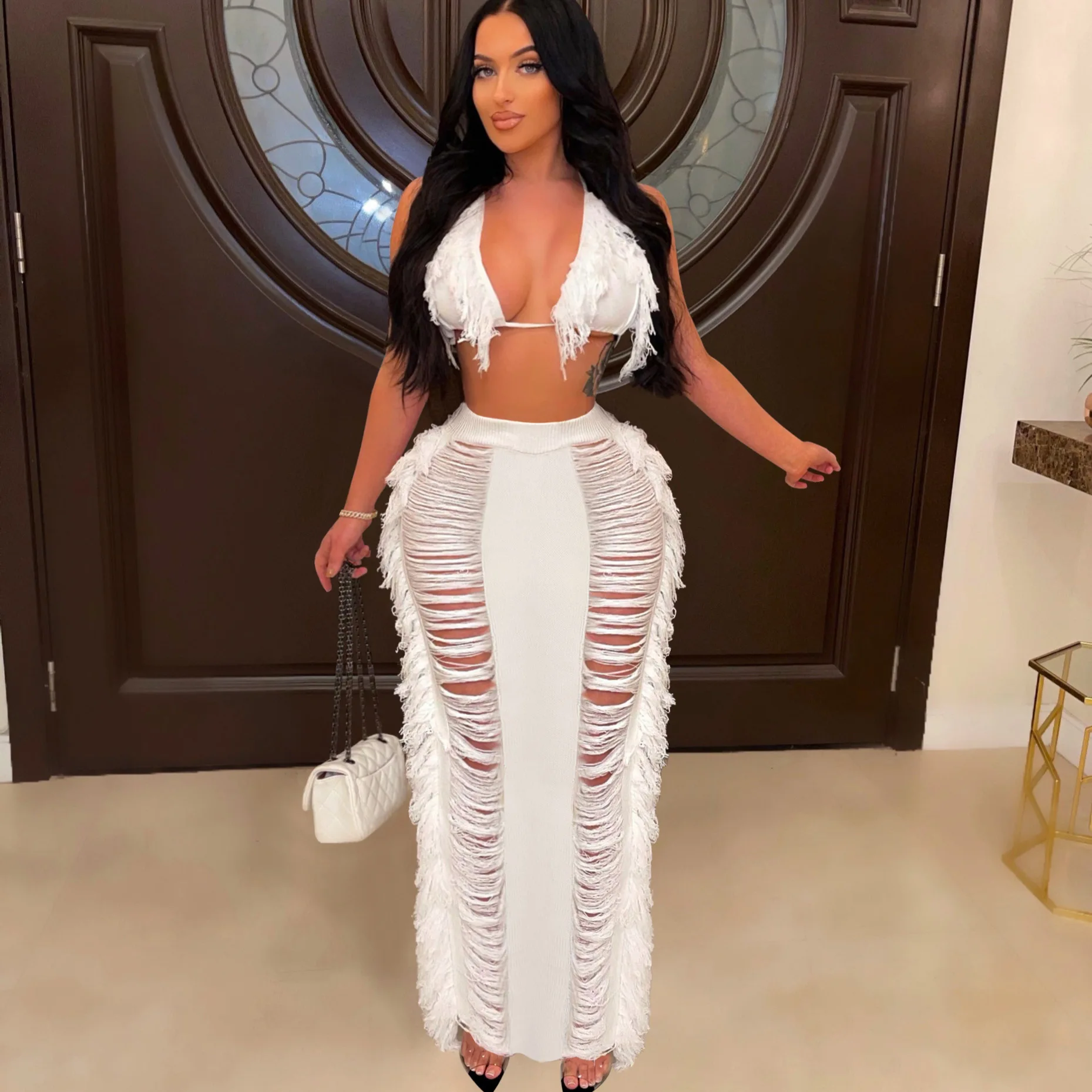 DSMTRC Crochet Two Pieces Suit Halter Backless Crop Top Tassel Skirt Sexy Women Knitted Set Hollow Out Crocheted Beach Dress Set