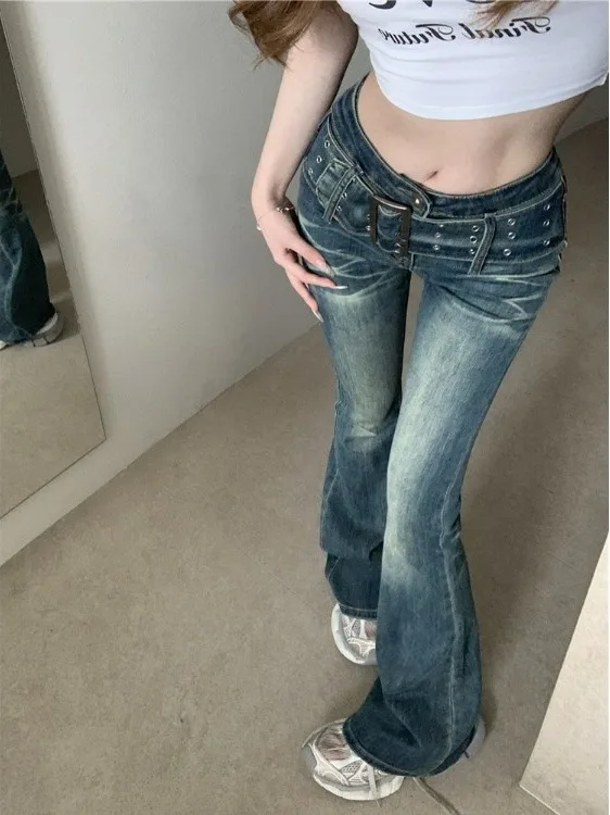 

Ретро-джинсы-клеш с высокой талией в американском стиле для женщин, летние, с широким декоративным поясом, джинсовые брюки для дерзких девушек