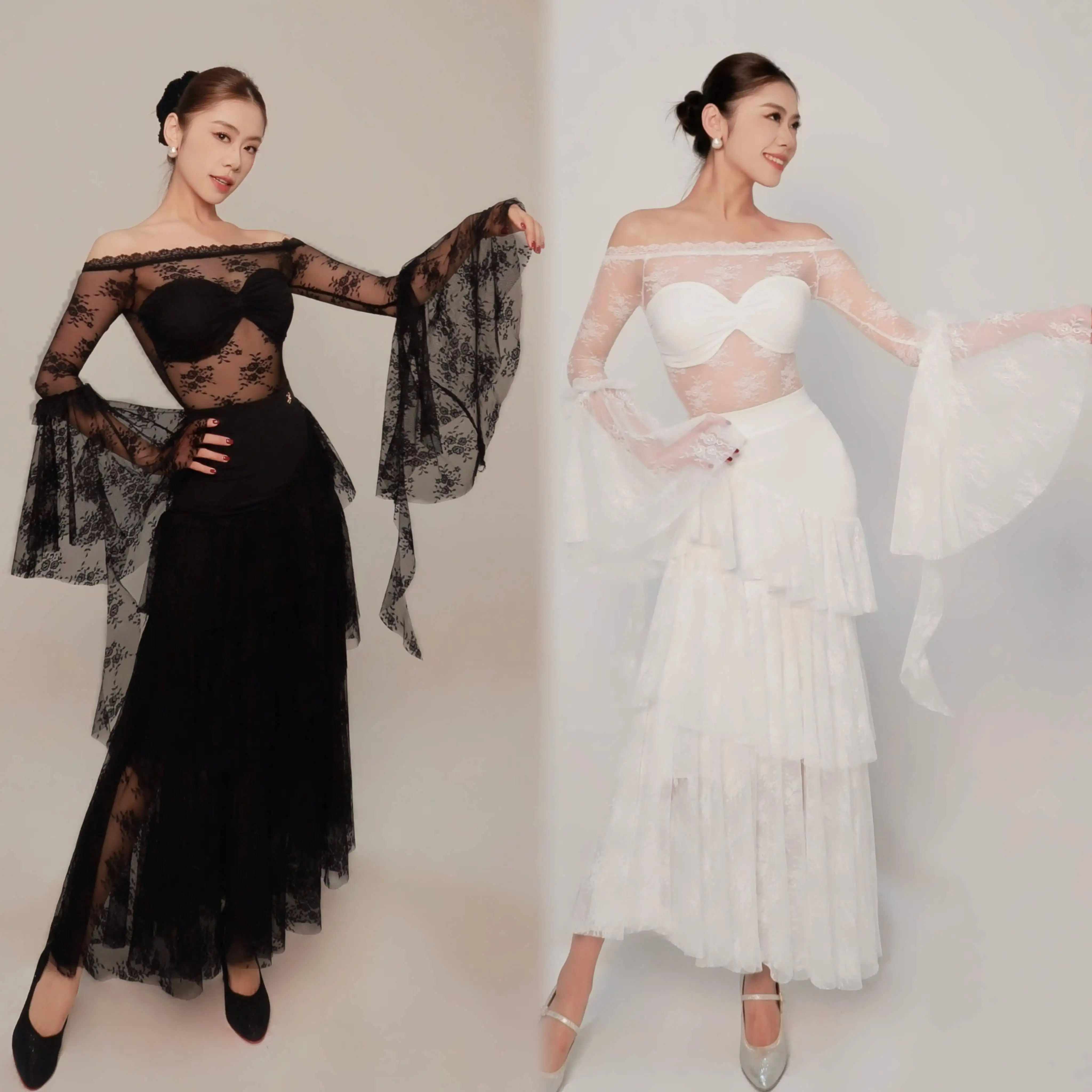 ชุดเต้นรำบอลรูมเซ็กซี่ ผ้าลูกไม้ คอเสื้อแบบเรือ กระโปรงระบาย ชุดเต้นวอลซ์ ชุดแสดง ชุดฝึกซ้อม ชุดแข่งขัน รุ่น BL17973