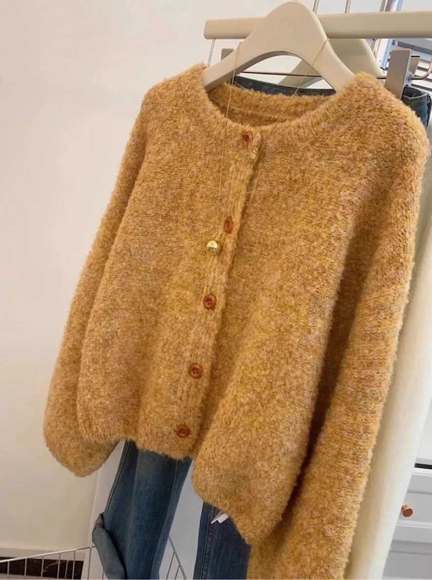 

2025 Autumn Women‘s High-End Soft Knit Cardigan Korean Style Loose Yellow Open Front Comfortable Sweater Coat