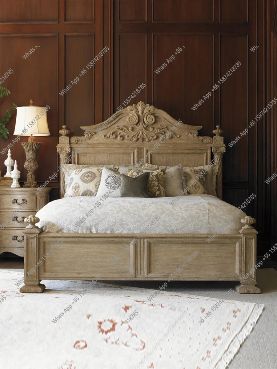 

J American Country Solid Wood Bed, Retro Double Bed, Master Bedroom 1.8 Meters Carved Queen Bed, French Wedding 1.5 Meters Custo