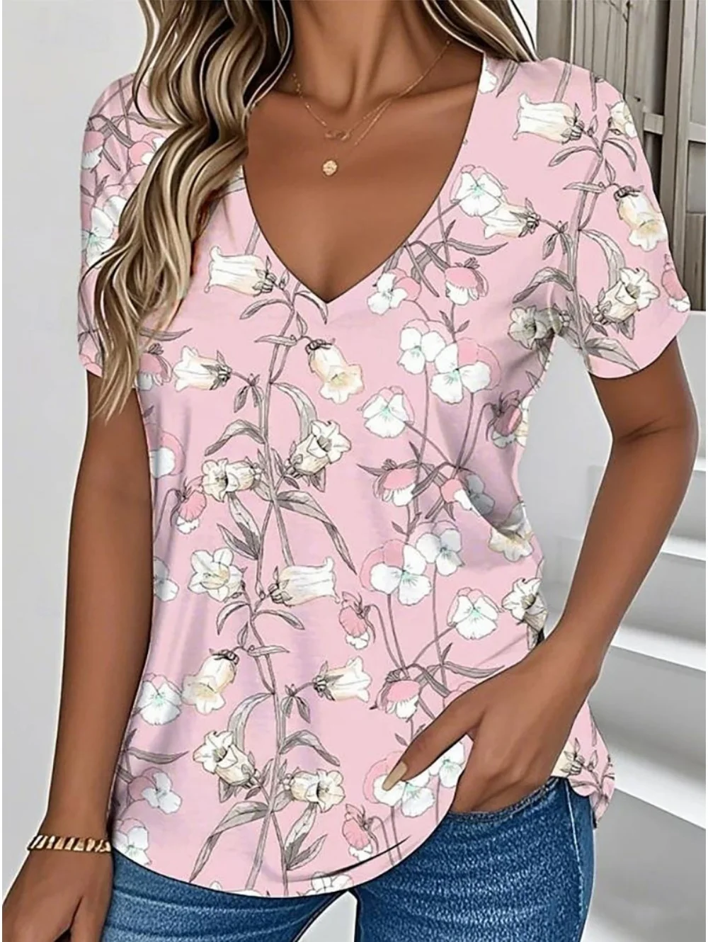 

Women's Summer T-Shirt Plant Flower Print Retro Fashion V-Neck Casual Short Sleeve Tee Street Floral Graphic Women's Clothing