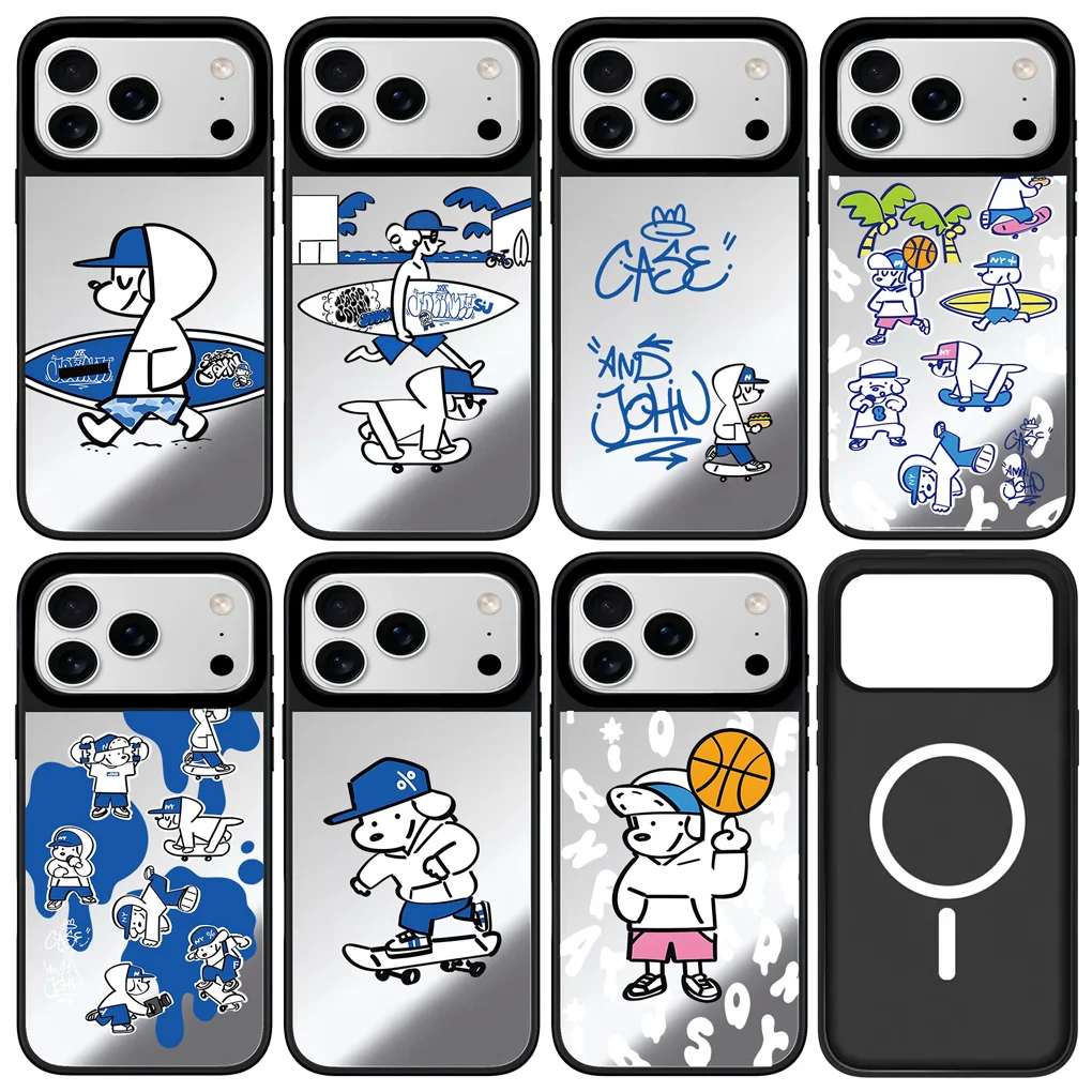 

Surfing Dog Mirror Surface Black Border Magnetic Phone Case Cover for IPhone 12 13 14 15 16 17 Pro Max Case