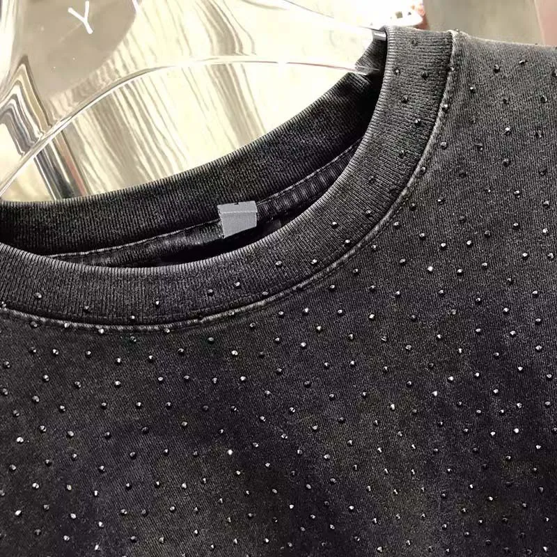 American Street Vintage Half Sleeve Spring Summer T-shirts Mid-long Round Neck Oversize Pullover Top Full Diamonds Cotton Tees