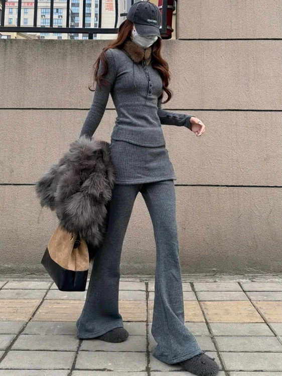 Deep ey High Waist Slimming Flared Pants Women's Early Autumn 2025 New Sle Spor False Two-Piece Casual Trousers