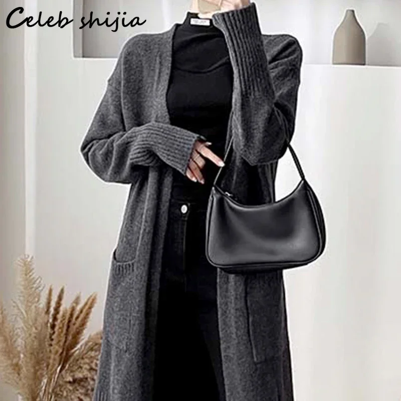 Gray Cashmere Cardigan Women Fall Pocket Long-sleeve Elegant Knit Coat Female Korean Loose Sweater Cardigan Woman Winter