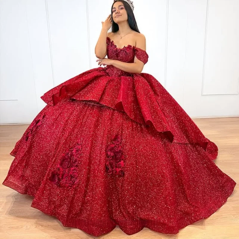 

Блестящее красное платье Quinceanera с открытыми плечами и аппликацией, многослойное 3D цветочное платье, платья de 15, Quinceanera по индивидуальному заказу