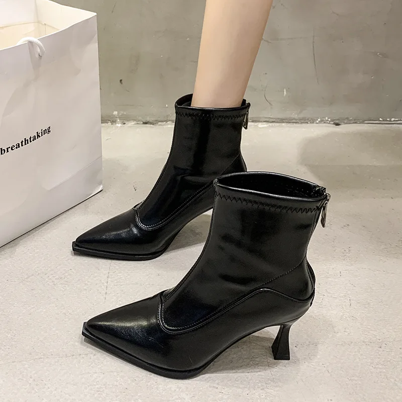 النساء عالية الكعب الأحذية الجلدية القصيرة 2025 جديد الإناث وأشار رقيقة كعب الأحذية السيدات الكاحل أحذية بوت قصيرة بوتاس موهير Bottes فام #1