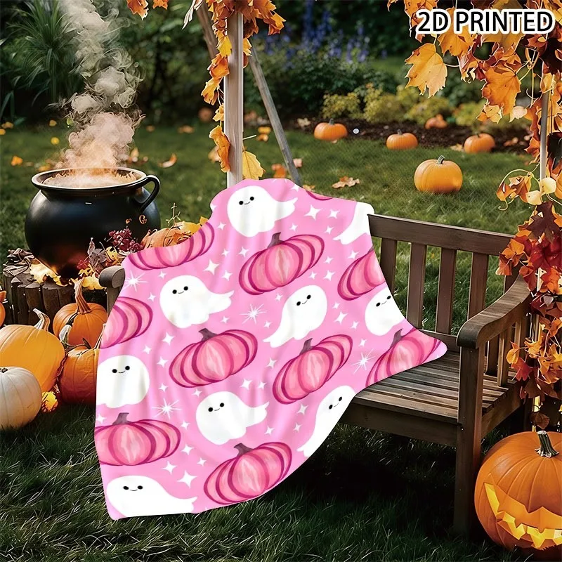 Bright Pink Cartoon & Striped Pumpkin Print Halloween Throw Blanket, Whimsical Sparkly Fall Decor Small Nap Blanket in Multiple
