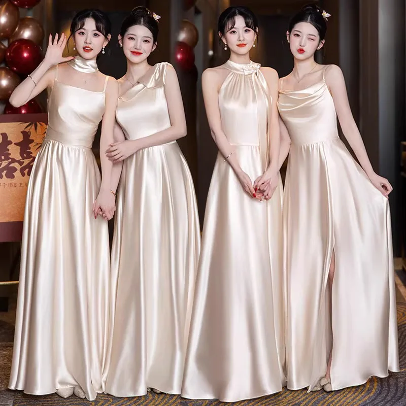

Champagne Wedding Bridesmaid Dress Women Elegant Sleeveless Off Shoulder Evening Gowns Simple Waist Cinching A-Line Prom Dresses