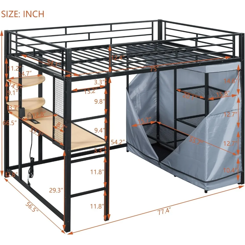 سرير علوي بالحجم الكامل مع مكتب، وأضواء LED، ومحطة شحن، وإطار سرير علوي معدني كامل مع خزانة ملابس وتخزين