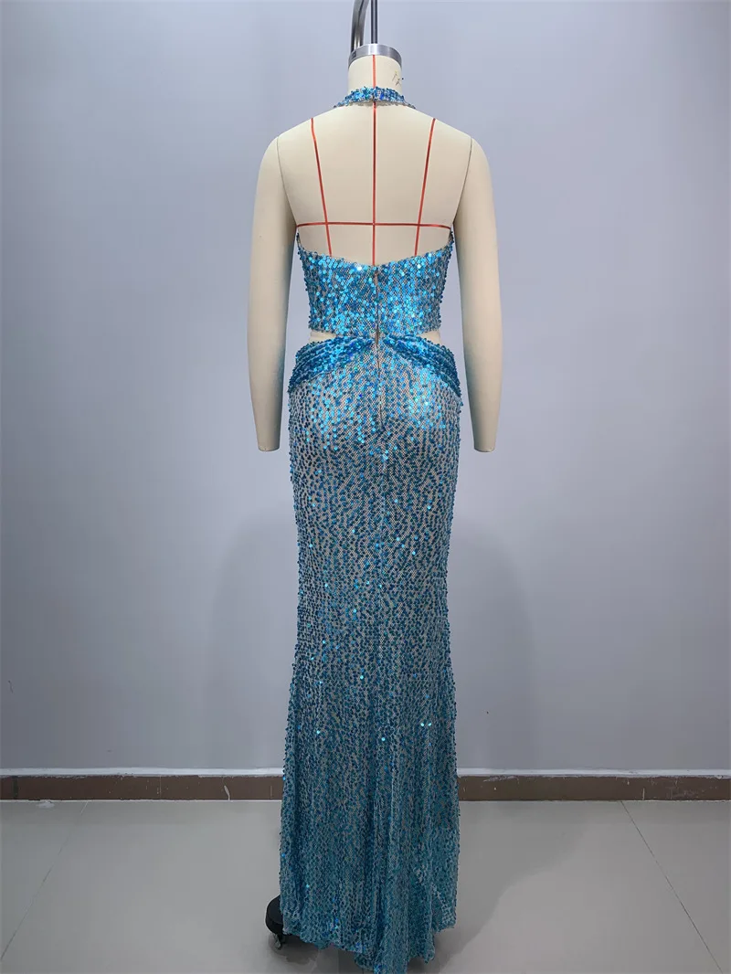 Nieuwe sexy uitgeholde laag uitgesneden halter blauwe paillettenjurk voor socialite feestavondjurk