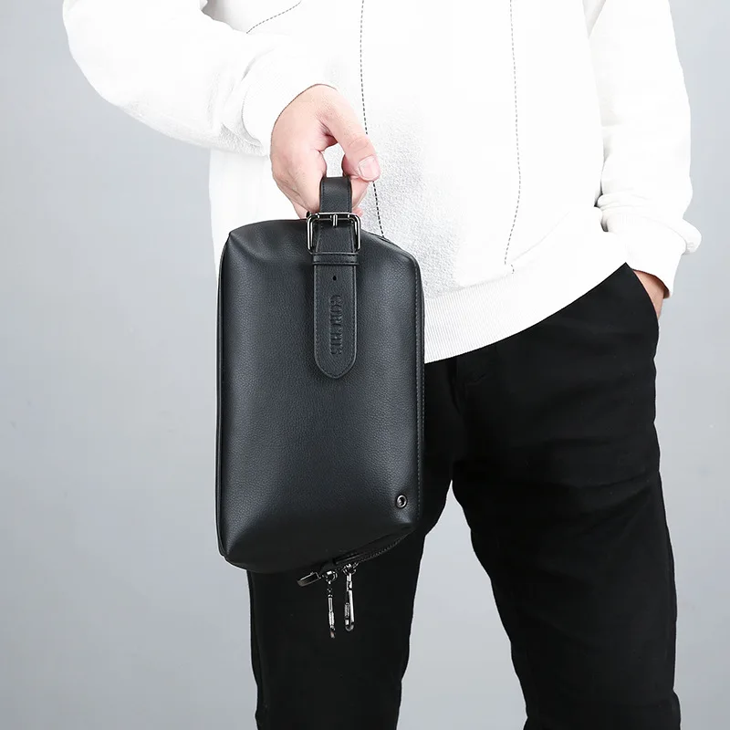 PU leather men's handbag - large capacity, simple design, suitable for business use, multi-functional travel storage bag