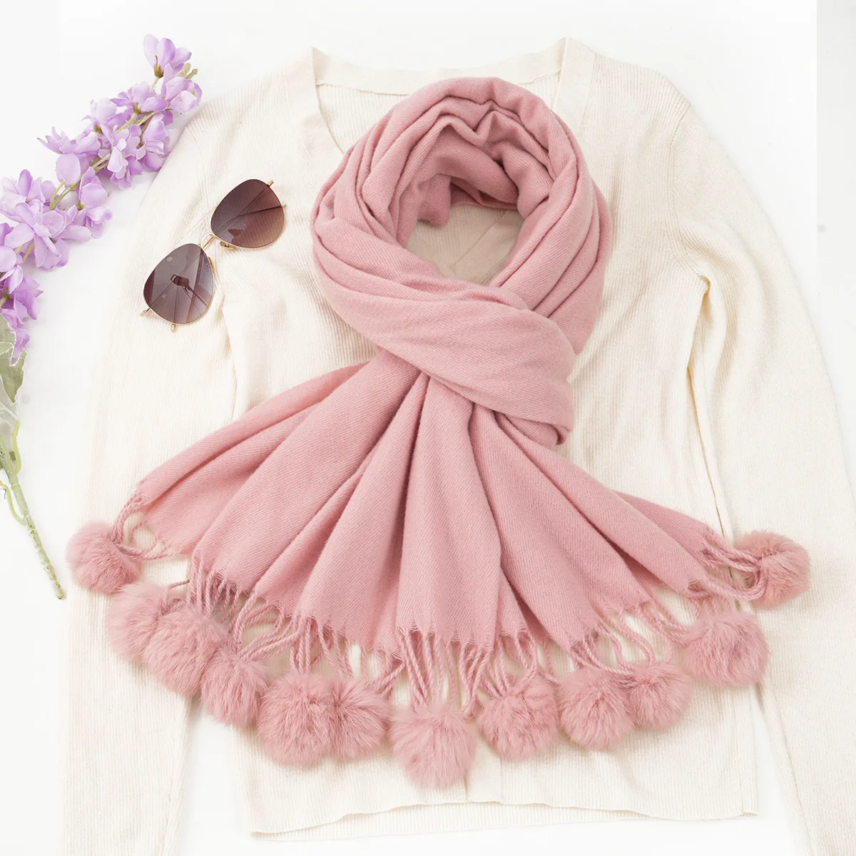 European and American New Solid-Color Imitation Cashmere Single-Color Tassel Pom Trendy Women's Versatile Warm Scarf