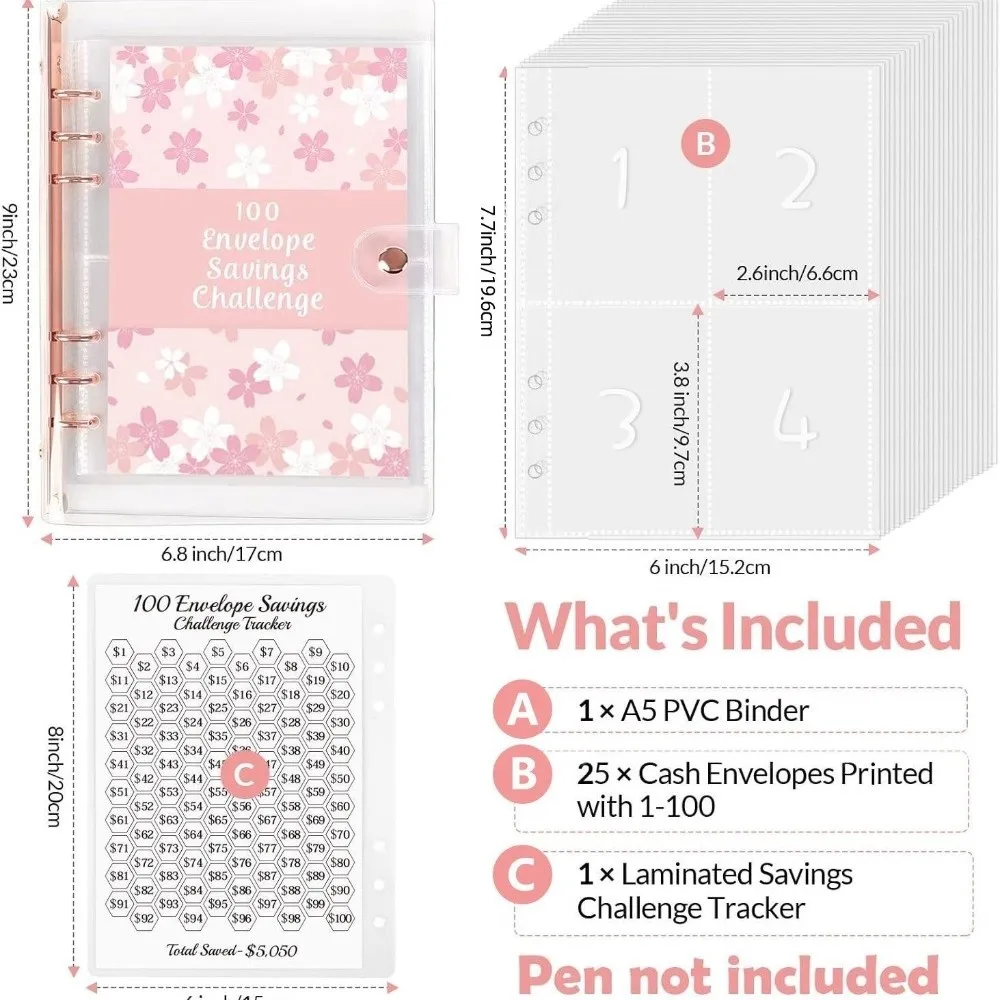 Financial Management 100 Envelope Savings Challenge 100 Envelope Loose-Leaf Binder A5 Budget Binders Set Cherry Blossom