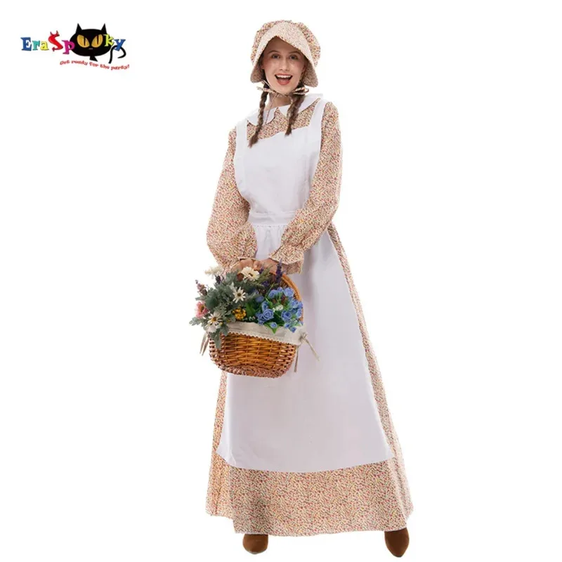 

Medieval Prairie Pioneer Costume Women Victorian Village Auntie Floral Apron Dress Bonnet Historical Halloween Outfits EZ7189