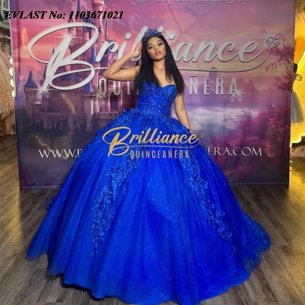 EVLAST Personalizzato Royal Blue Abito Quinceanera Abito di Sfera 3D Applique Floreale Che Borda Corsetto Dolce 16 Abiti Da 15 Anos SQ578