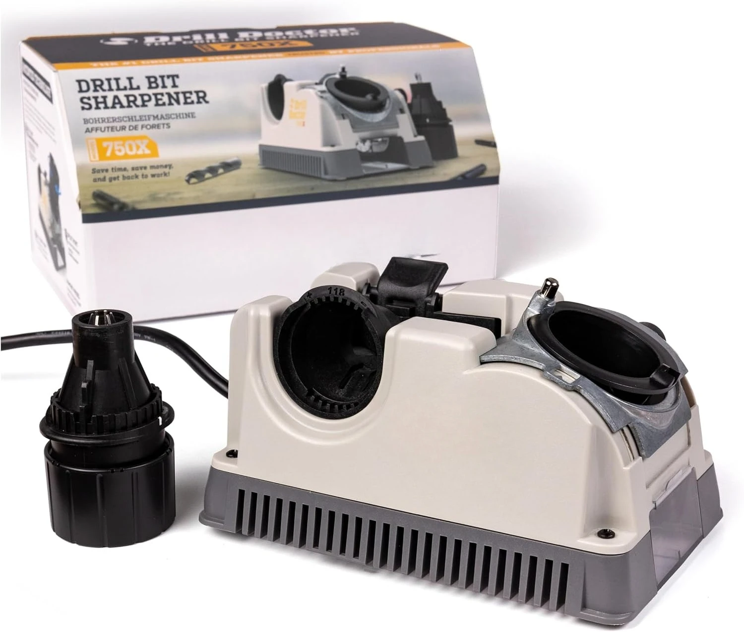 

DD750X Electric Drill Bit Sharpener, 3/32-3/4" High-Speed, Portable - Steel, Masonry, Carbide, Cobalt, Tin-Coated Bits